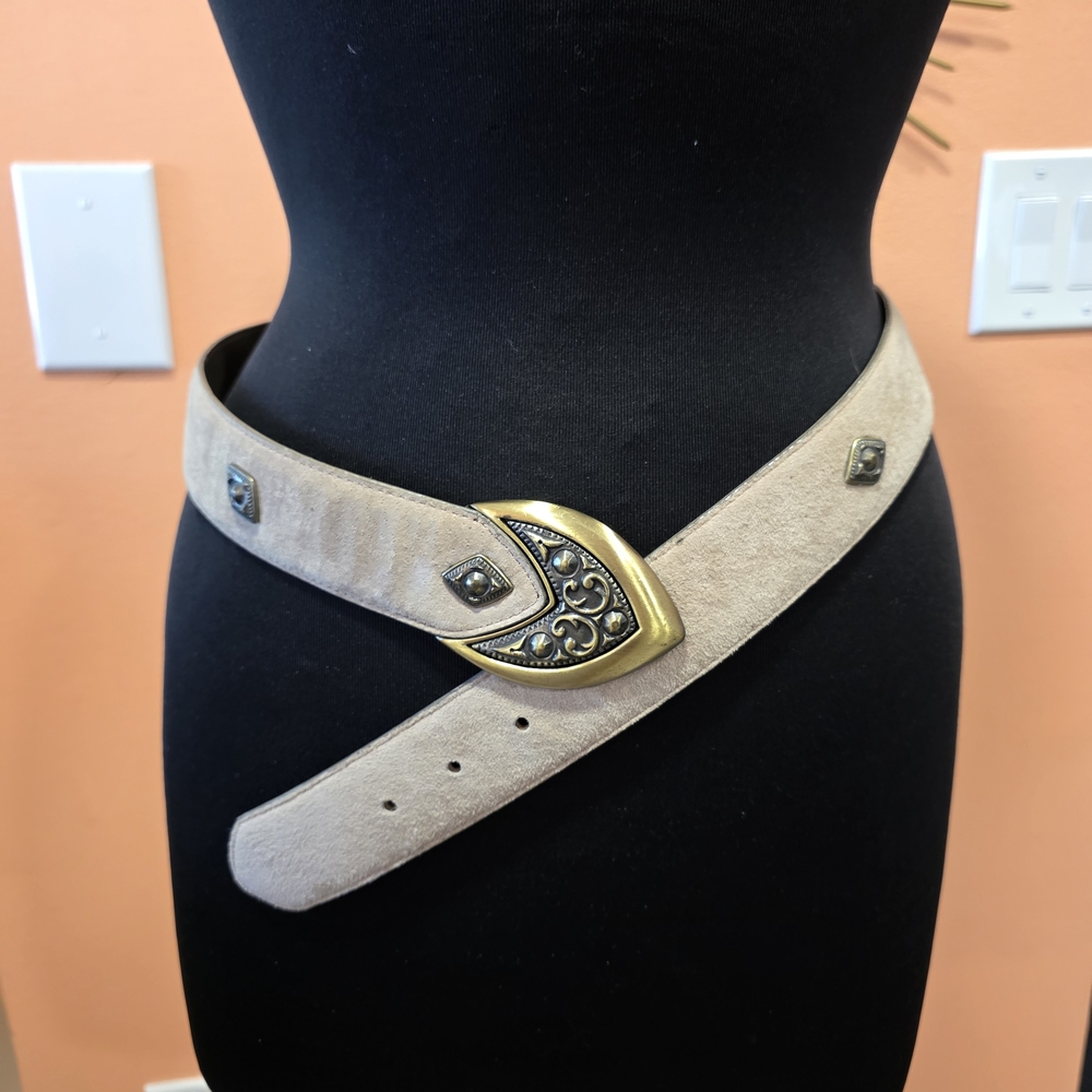 Vintage Sasha Tan Suede Belt Brass Boho Chic  Buckle M/L Festival 90s Whimsigoth
